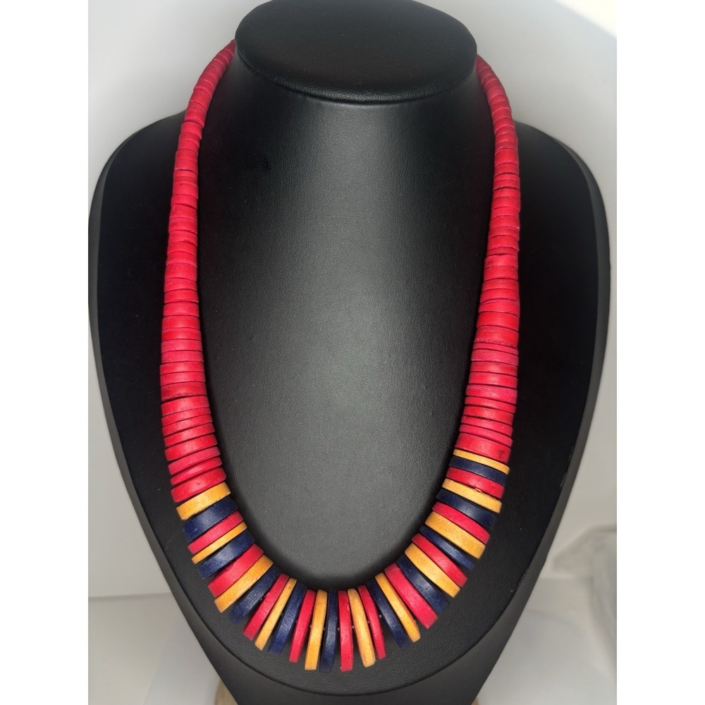 Vintage 1970s Wood Disc Necklace Hot Pink Blue Yellow Graduated Boho Tribal 19"